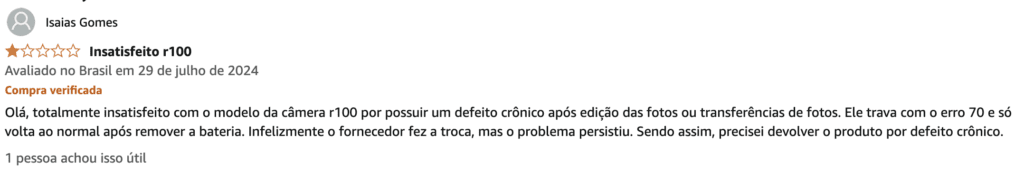 Comentário negativo de um comprador sobre uma câmera
